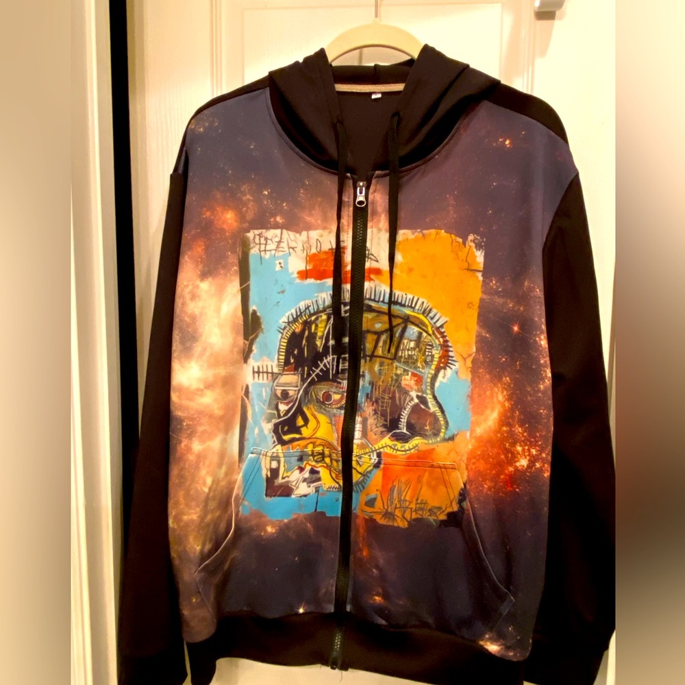 Basquiat Skull Modern Art Design Full Zip Hoodie sz LARGE Black NEW Millennial